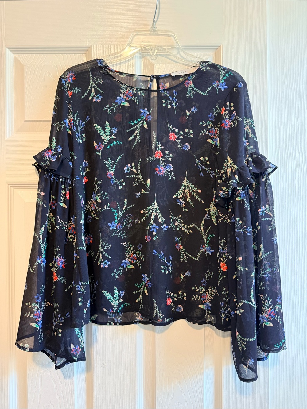 Lush Navy Floral Ruffle-Sleeve Blouse